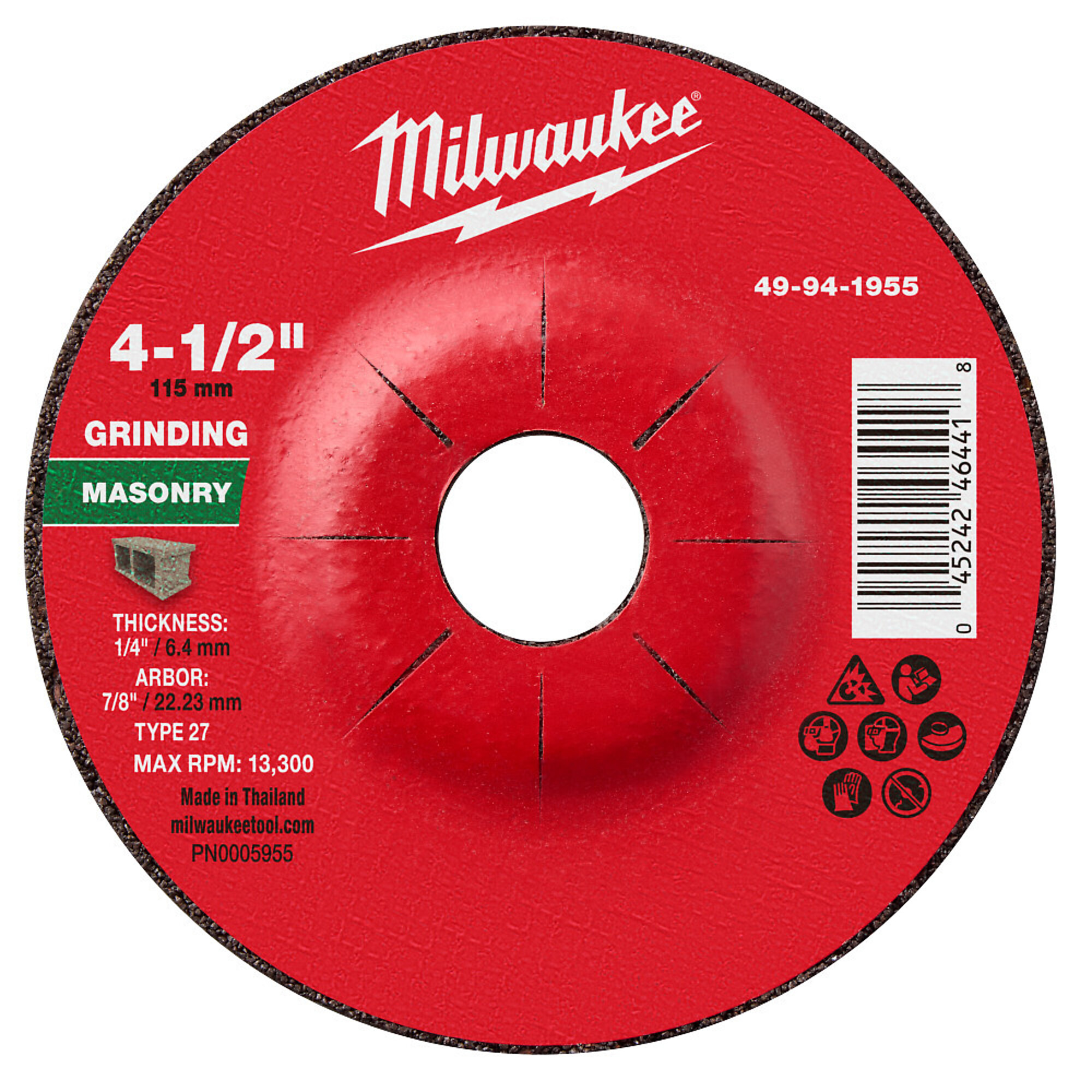 Miwlaukee 4-1/2" x 1/4" x 7/8" Masonry Grinding Wheel - Type 27, Model# 49-94-1955
